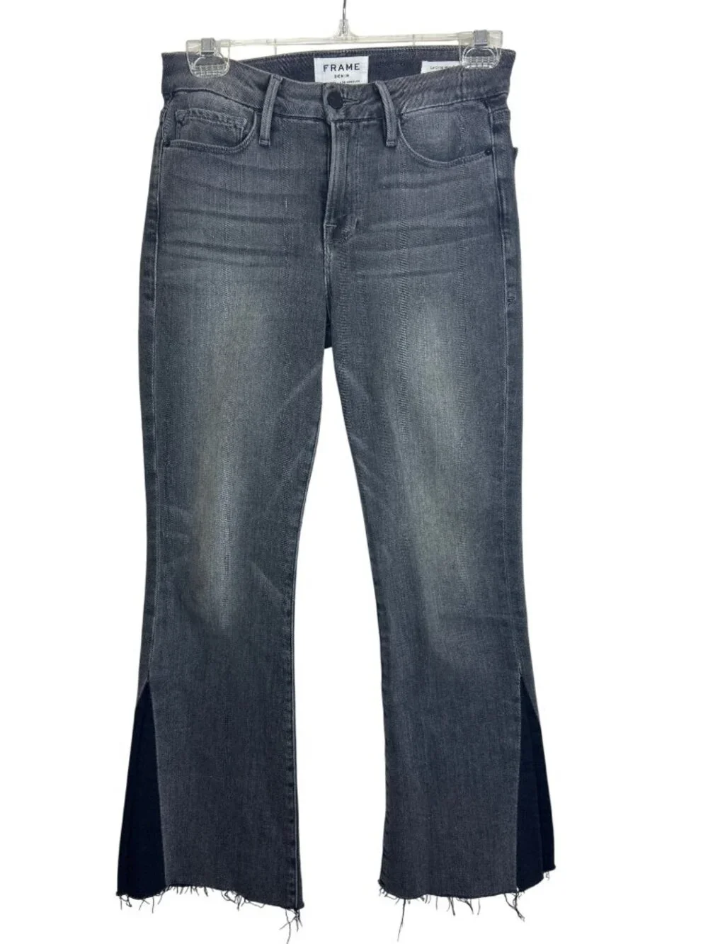Frame Women's 26 Le Crop Mini Bootcut Jeans Gray w/ Black Panels Frayed Hem